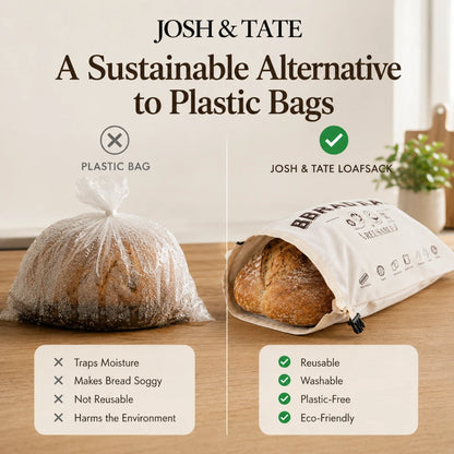 Josh & Tate - LoafSack™ Cotton Bread Bag - Comparison of a plastic bag and a Josh & Tate loaf sack with text highlighting benefits.