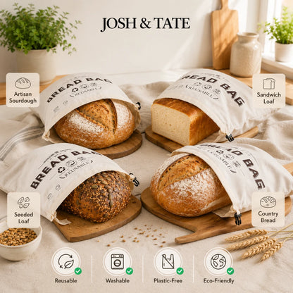 Josh & Tate - LoafSack™ Cotton Bread Bag - Bread bags with various types of bread on a table, featuring the brand 'Josh & Tate'.