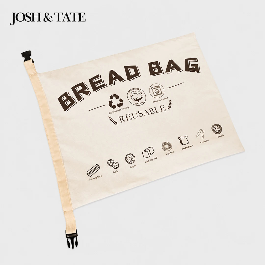 Josh & Tate - LoafSack™ Cotton Bread Bag - Reusable bread bag with text and icons on a light gray background, featuring the brand 'Josh & Tate'.