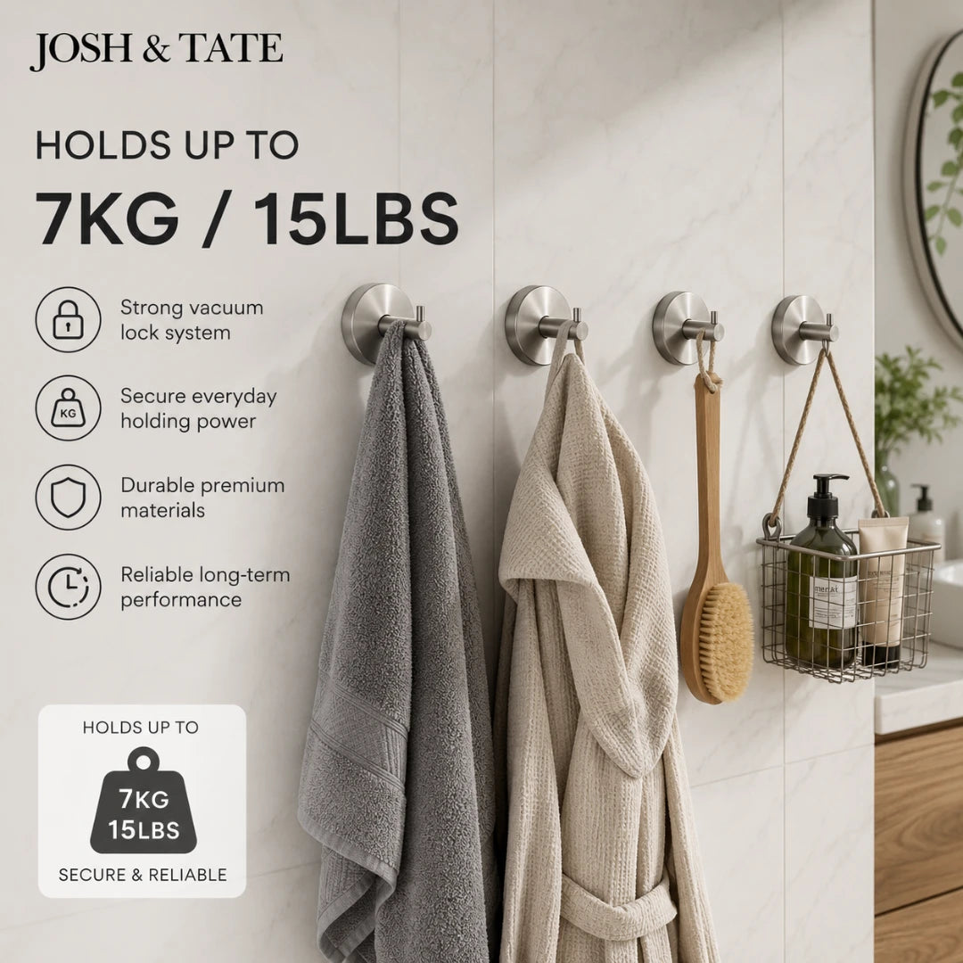 Josh & Tate - LockDisc™ Twist-Lock Wall Hook Set - Wall hooks holding towels and a robe in a bathroom setting with product features listed.