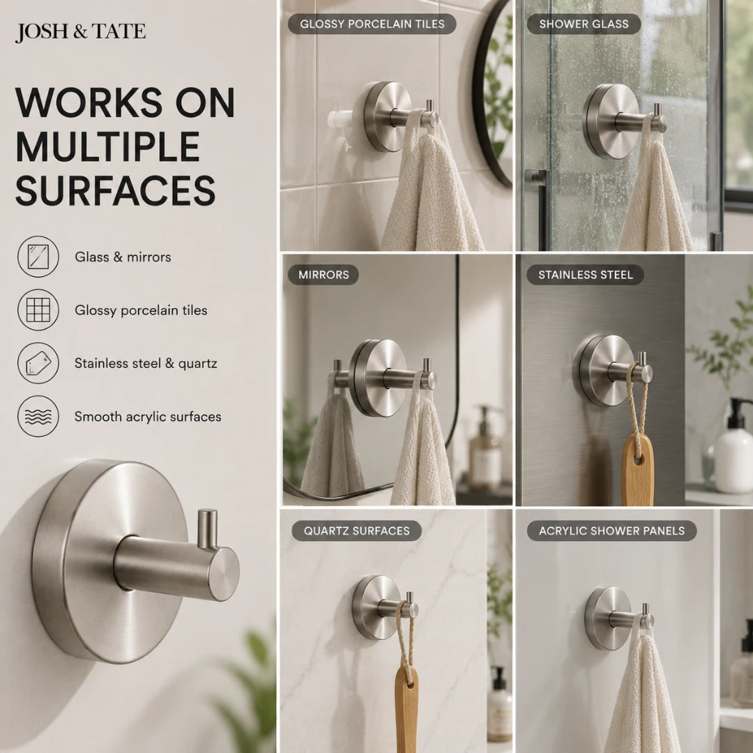 Josh & Tate - LockDisc™ Twist-Lock Wall Hook Set - Metallic wall hook with text on multiple surfaces it works on, including glass, mirrors, and tiles.