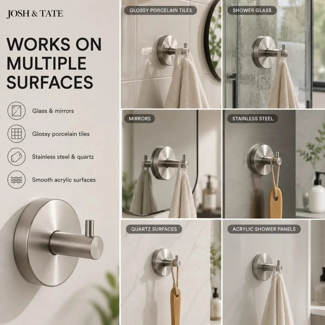 Josh & Tate - LockDisc™ Twist-Lock Wall Hook Set - Metallic wall hook with text on multiple surfaces it works on, including glass, mirrors, and tiles.