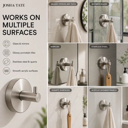 Josh & Tate - LockDisc™ Twist-Lock Wall Hook Set - Metallic wall hook with text on multiple surfaces it works on, including glass, mirrors, and tiles.