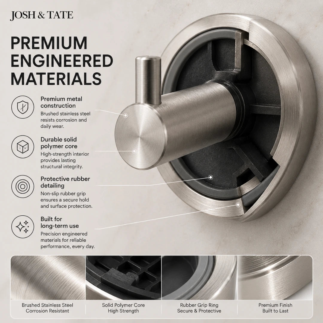 Josh & Tae - LockDisc™ Twist-Lock Wall Hook Set - Metallic shower handle with detailed features and text about material quality on a neutral background.