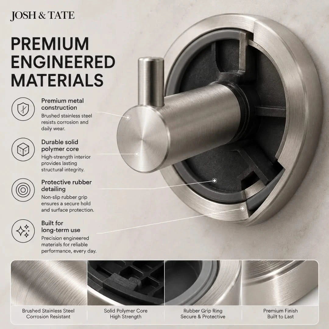 Josh & Tae - LockDisc™ Twist-Lock Wall Hook Set - Metallic shower handle with detailed features and text about material quality on a neutral background.