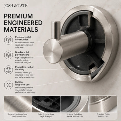 Josh & Tae - LockDisc™ Twist-Lock Wall Hook Set - Metallic shower handle with detailed features and text about material quality on a neutral background.
