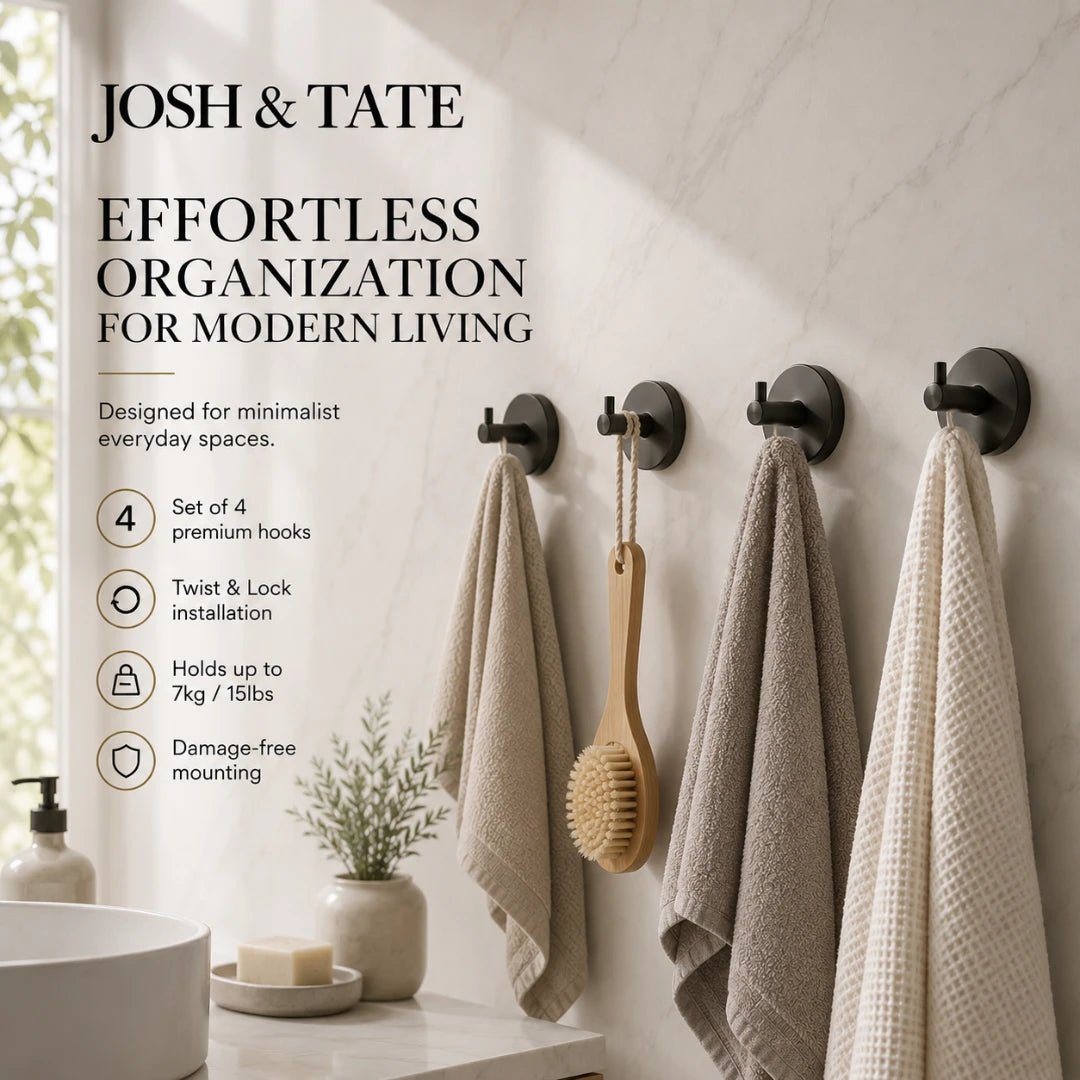 Josh & Tate - LockDisc™ Twist-Lock Wall Hook Set - Bathroom wall with hooks holding towels and a brush, featuring 'Josh & Tate' organization system.