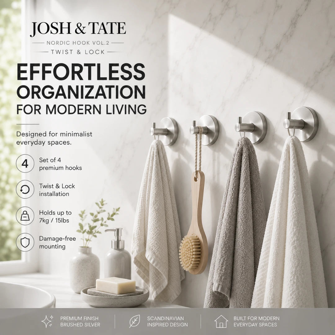 Josh & Tate - LockDisc™ Twist-Lock Wall Hook Set - Bathroom wall with hooks holding towels and a brush, featuring Josh & Tate product packaging.