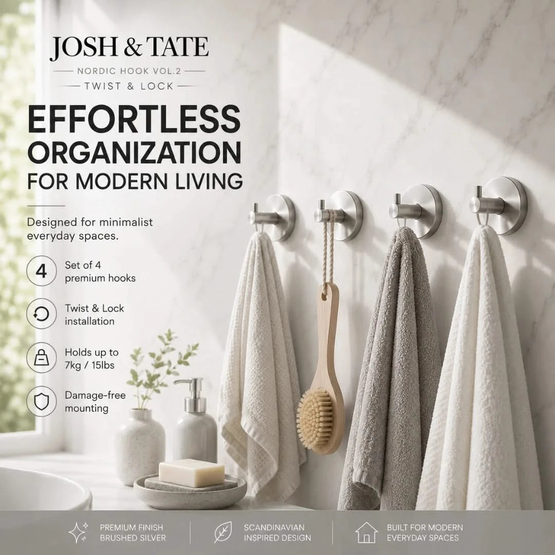 Josh & Tate - LockDisc™ Twist-Lock Wall Hook Set - Bathroom wall with hooks holding towels and a brush, featuring Josh & Tate product packaging.