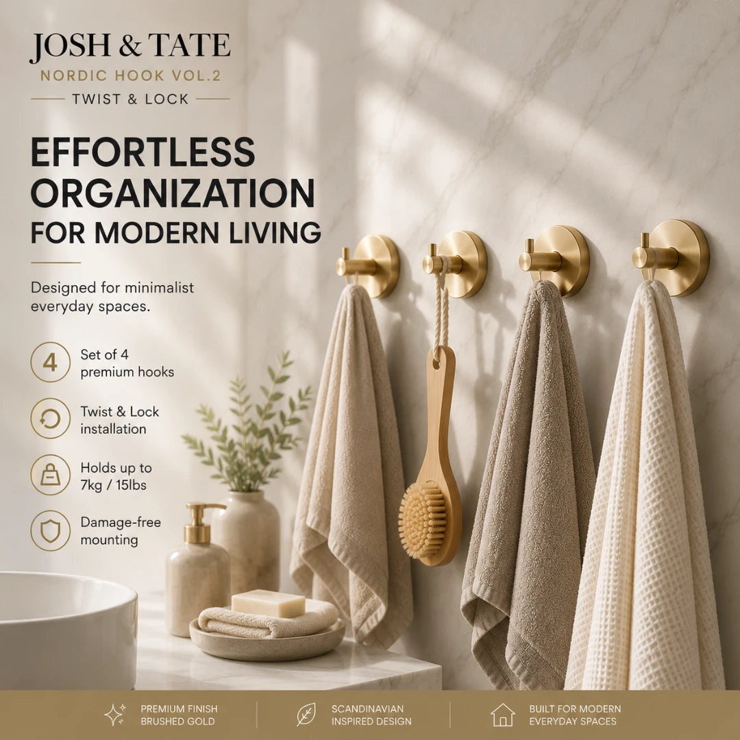 Josh & Tate - LockDisc™ Twist-Lock Wall Hook Set - Bathroom scene with gold hooks holding towels and a brush, with 'Josh & Tate' branding.