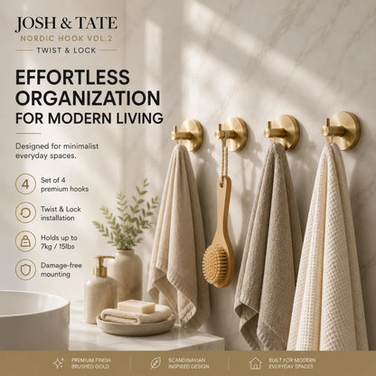 Josh & Tate - LockDisc™ Twist-Lock Wall Hook Set - Bathroom scene with gold hooks holding towels and a brush, with 'Josh & Tate' branding.