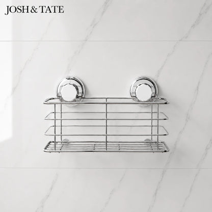 Josh & Tate -LockRack™ Mini Twist-Lock Wire Shower Basket - Metal wall-mounted shower caddy with two shelves on a tiled bathroom wall, branded 'Josh & Tate'.