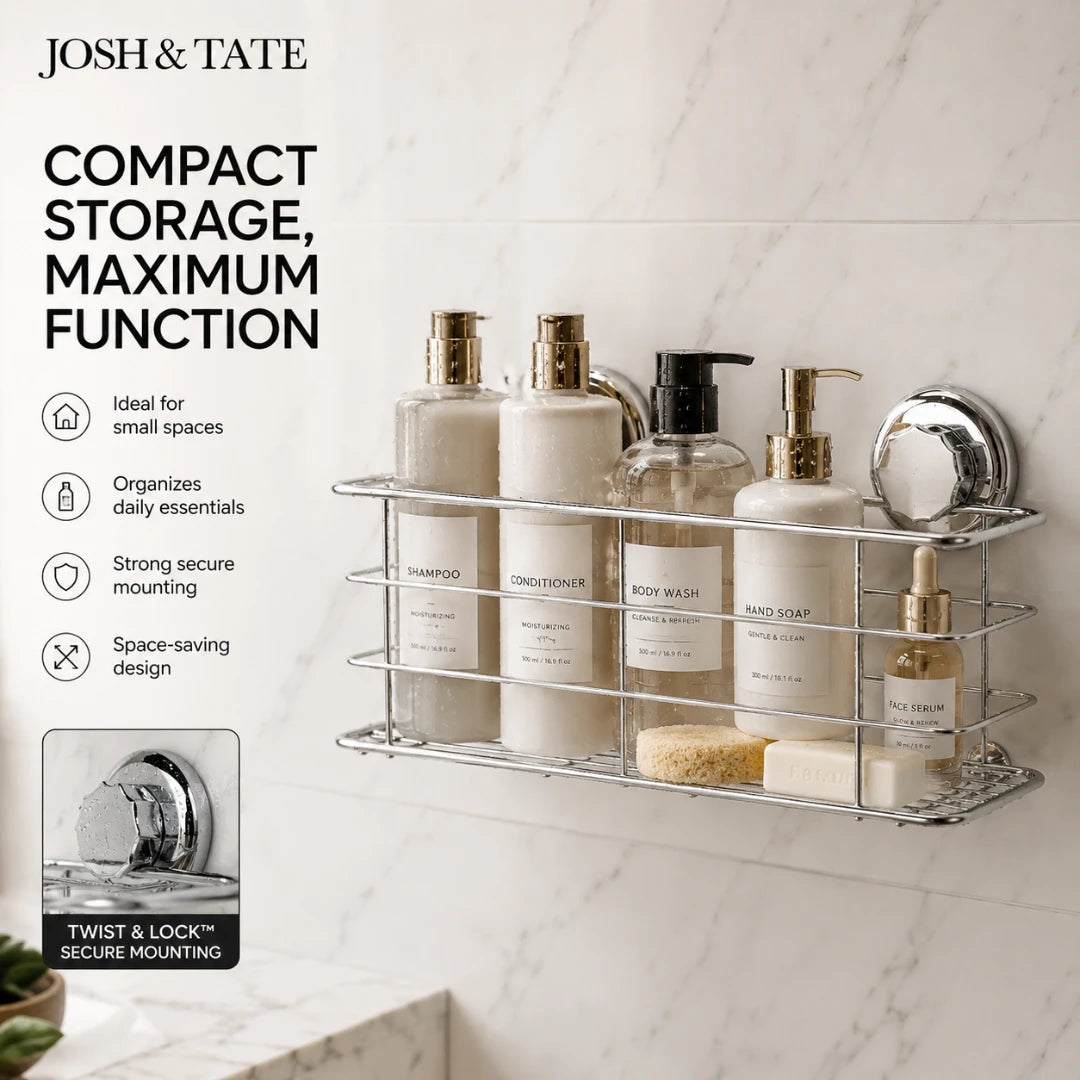 Josh & Tate - LockRack™ Mini Twist-Lock Wire Shower Basket - Bathroom shelf with toiletries and 'Josh & Tate' branding, emphasizing compact storage and maximum function.
