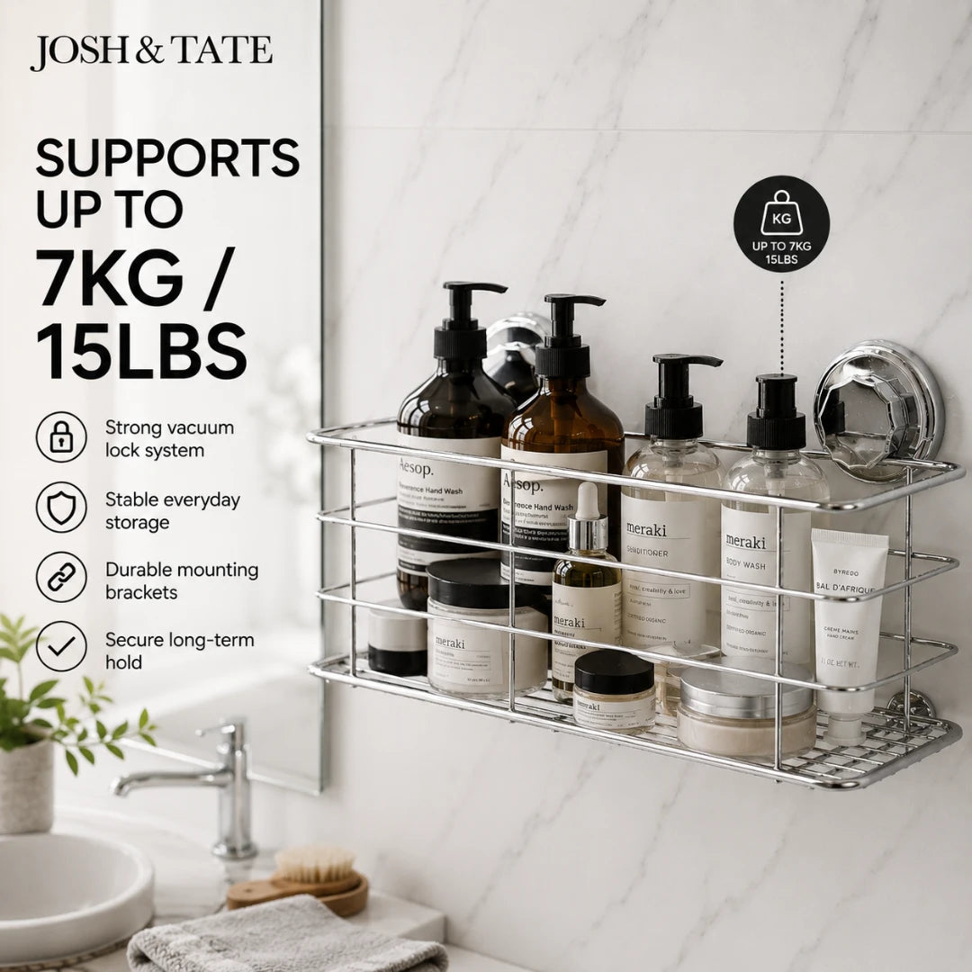 Josh & Tate - LockRack™ Mini Twist-Lock Wire Shower Basket - Bathroom wall-mounted shelf with skincare products and text about product features.