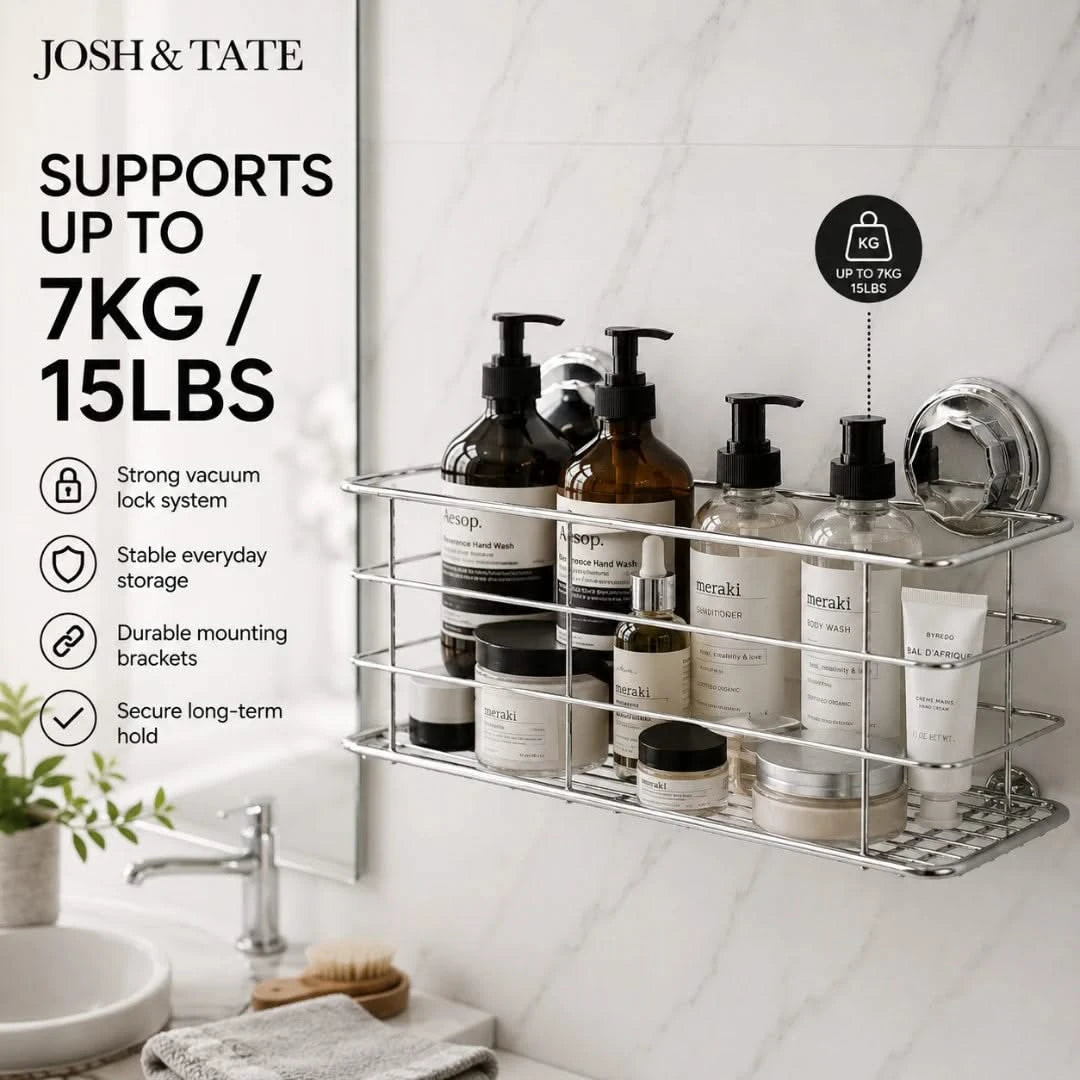 Josh & Tate - LockRack™ Mini Twist-Lock Wire Shower Basket - Bathroom wall-mounted shelf with skincare products and text about product features.