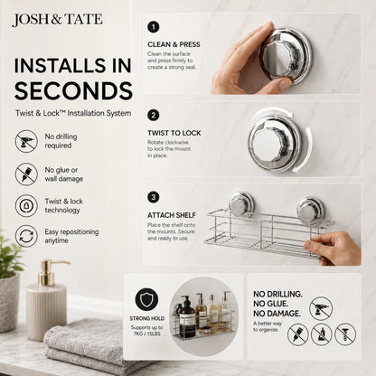 Josh & Tate - LockRack™ Mini Twist-Lock Wire Shower Basket - Advertisement for Josh & Tate installation system with step-by-step instructions and product usage.