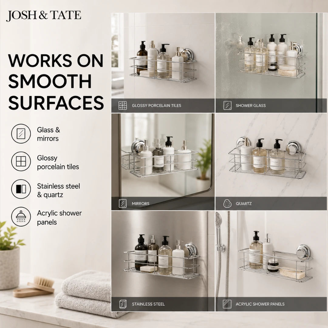 Josh & Tate - LockRack™ Mini Twist-Lock Wire Shower Basket - Bathroom shelf with products on a white background, featuring Josh & Tate branding.