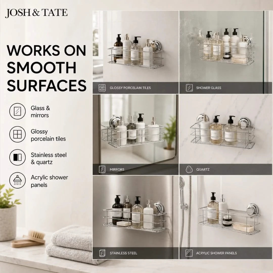 Josh & Tate - LockRack™ Mini Twist-Lock Wire Shower Basket - Bathroom shelf with products on a white background, featuring Josh & Tate branding.