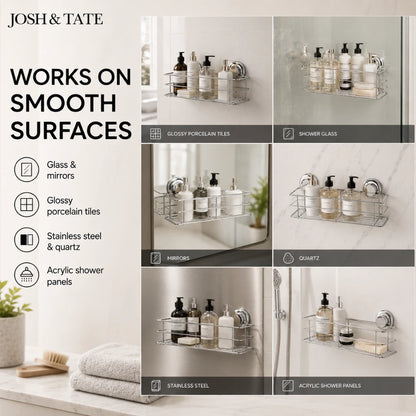 Josh & Tate - LockRack™ Mini Twist-Lock Wire Shower Basket - Bathroom shelf with products on a white background, featuring Josh & Tate branding.