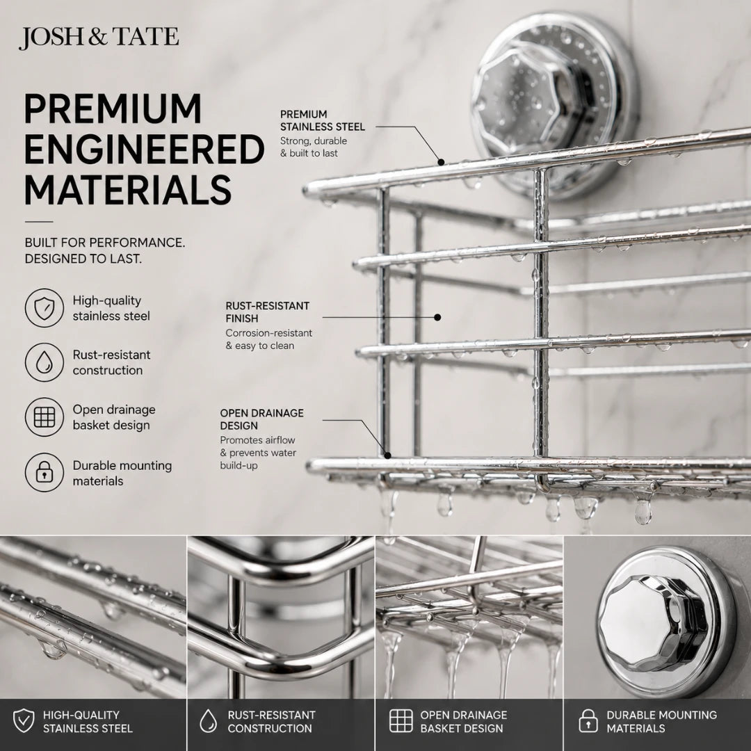 Josh & Tate - LockRack™ Mini Twist-Lock Wire Shower Basket - Metal towel rack with text highlighting premium engineered materials and features.