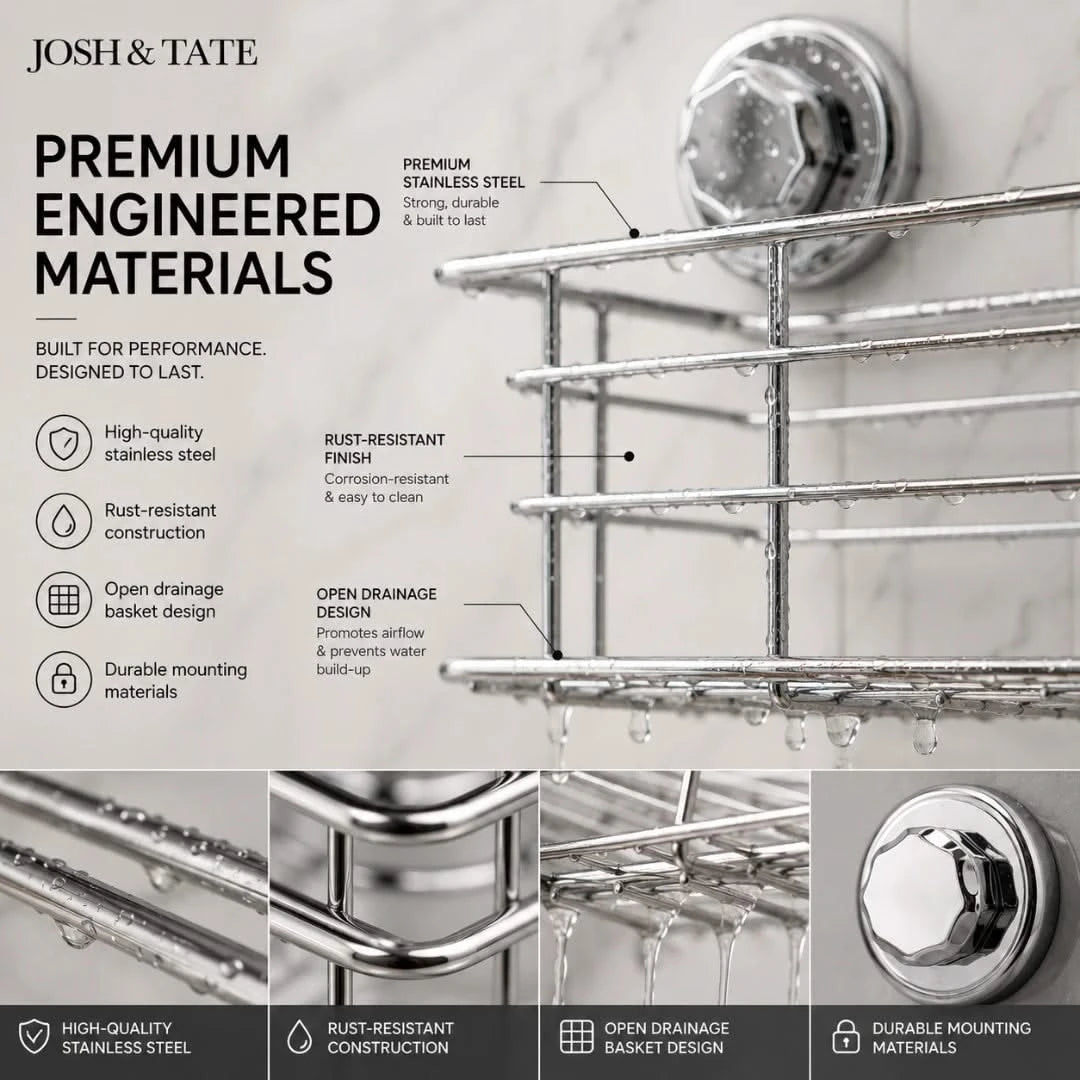 Josh & Tate - LockRack™ Mini Twist-Lock Wire Shower Basket - Metal towel rack with text highlighting premium engineered materials and features.