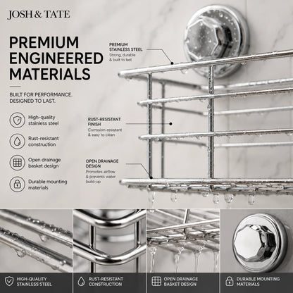 Josh & Tate - LockRack™ Mini Twist-Lock Wire Shower Basket - Metal towel rack with text highlighting premium engineered materials and features.