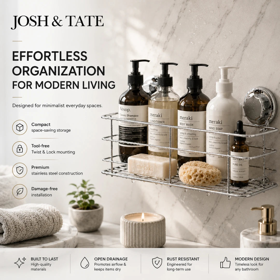 Bathroom shelf with skincare products and 'Josh & Tate' branding, featuring text about product features.