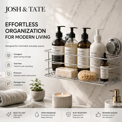 Bathroom shelf with skincare products and 'Josh & Tate' branding, featuring text about product features.