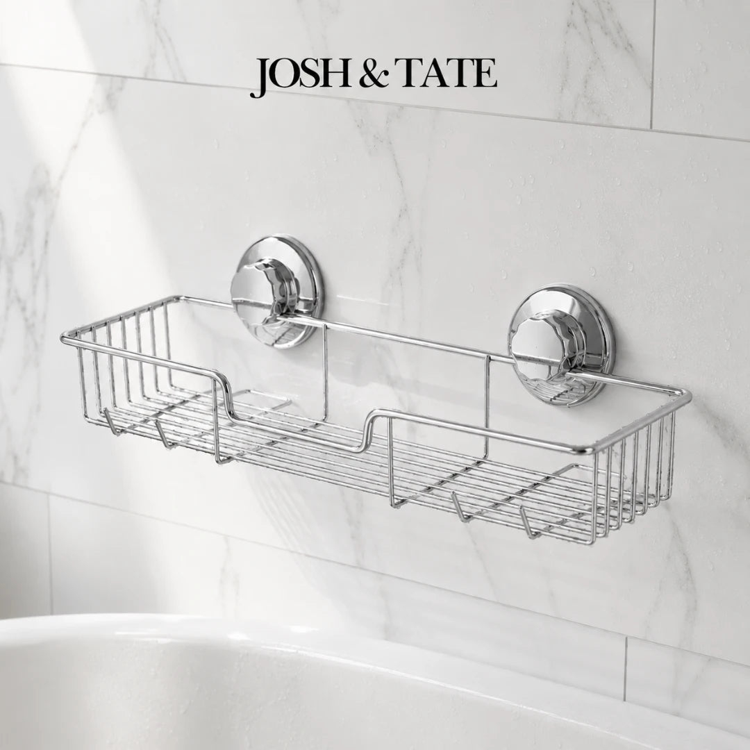 Josh & Tate - LockRack™ Twist-Lock Wire Shower Shelf - Chrome shower caddy mounted on a tiled wall with 'Josh & Tate' branding.