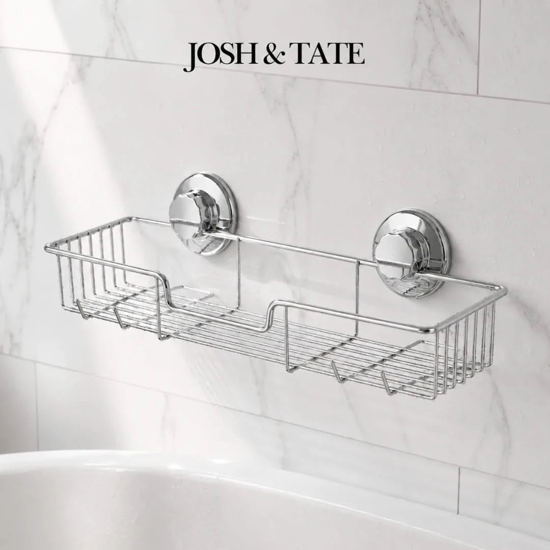 Josh & Tate - LockRack™ Twist-Lock Wire Shower Shelf - Chrome shower caddy mounted on a tiled wall with 'Josh & Tate' branding.