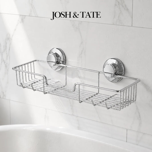 Josh & Tate - LockRack™ Twist-Lock Wire Shower Shelf - Chrome shower caddy mounted on a tiled wall with 'Josh & Tate' branding.