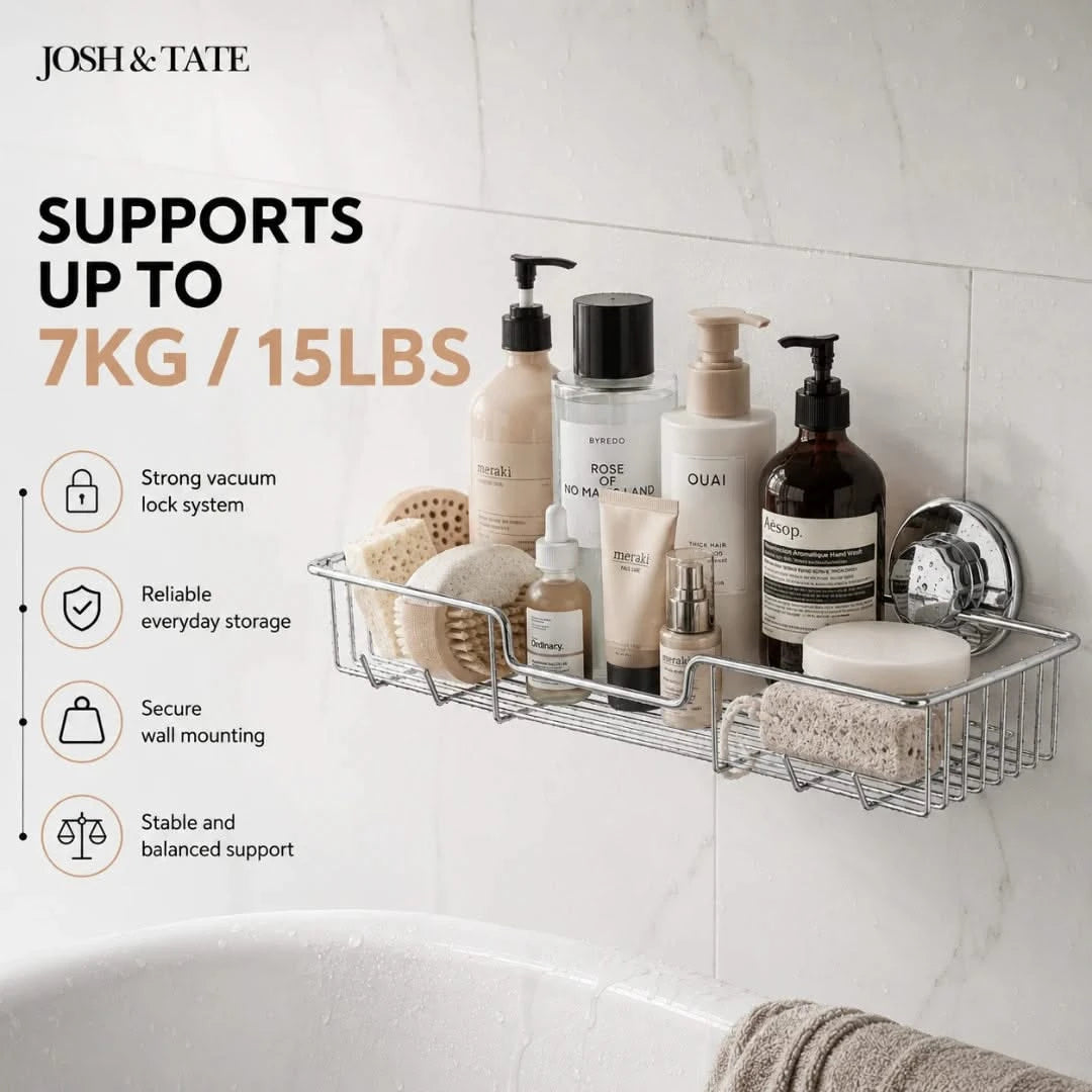 Josh & Tate - LockRack™ Twist-Lock Wire Shower Shelf - Bathroom caddy with skincare products on a tiled wall, featuring Josh & Tate branding.