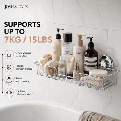 Josh & Tate - LockRack™ Twist-Lock Wire Shower Shelf - Bathroom caddy with skincare products on a tiled wall, featuring Josh & Tate branding.