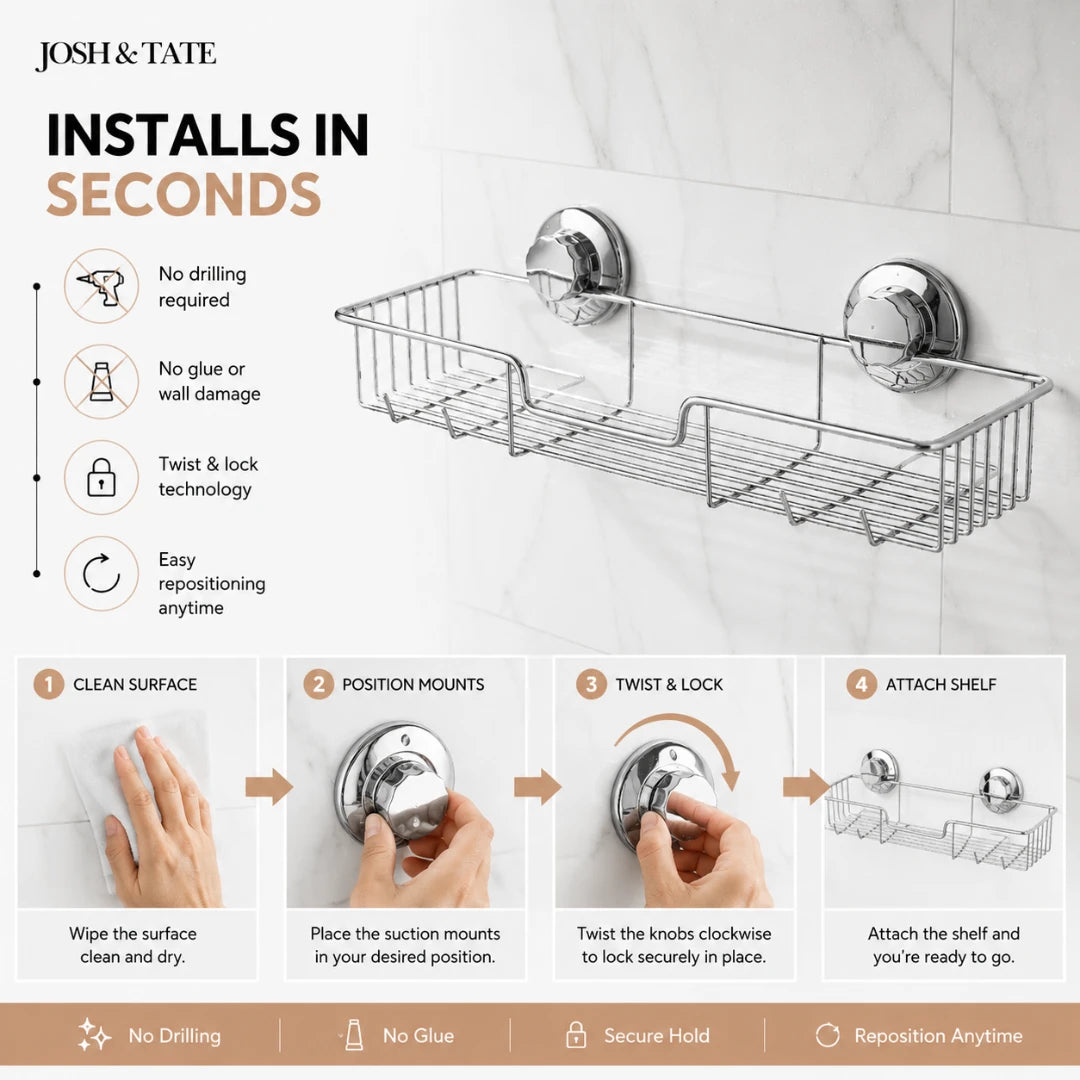 Josh & Tate - LockRack™ Twist-Lock Wire Shower Shelf - Chrome wall-mounted shelf with installation instructions on a white background