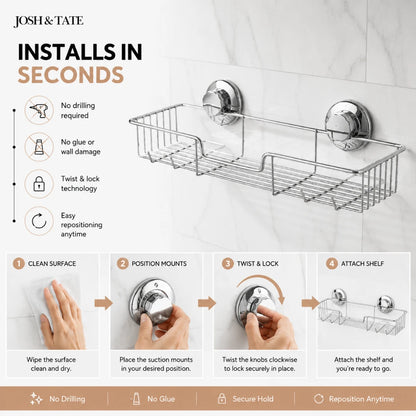 Josh & Tate - LockRack™ Twist-Lock Wire Shower Shelf - Chrome wall-mounted shelf with installation instructions on a white background
