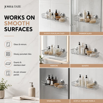 Josh & Tate - LockRack™ Twist-Lock Wire Shower Shelf - Product display with 'Josh & Tate' branding and text about product compatibility on smooth surfaces.