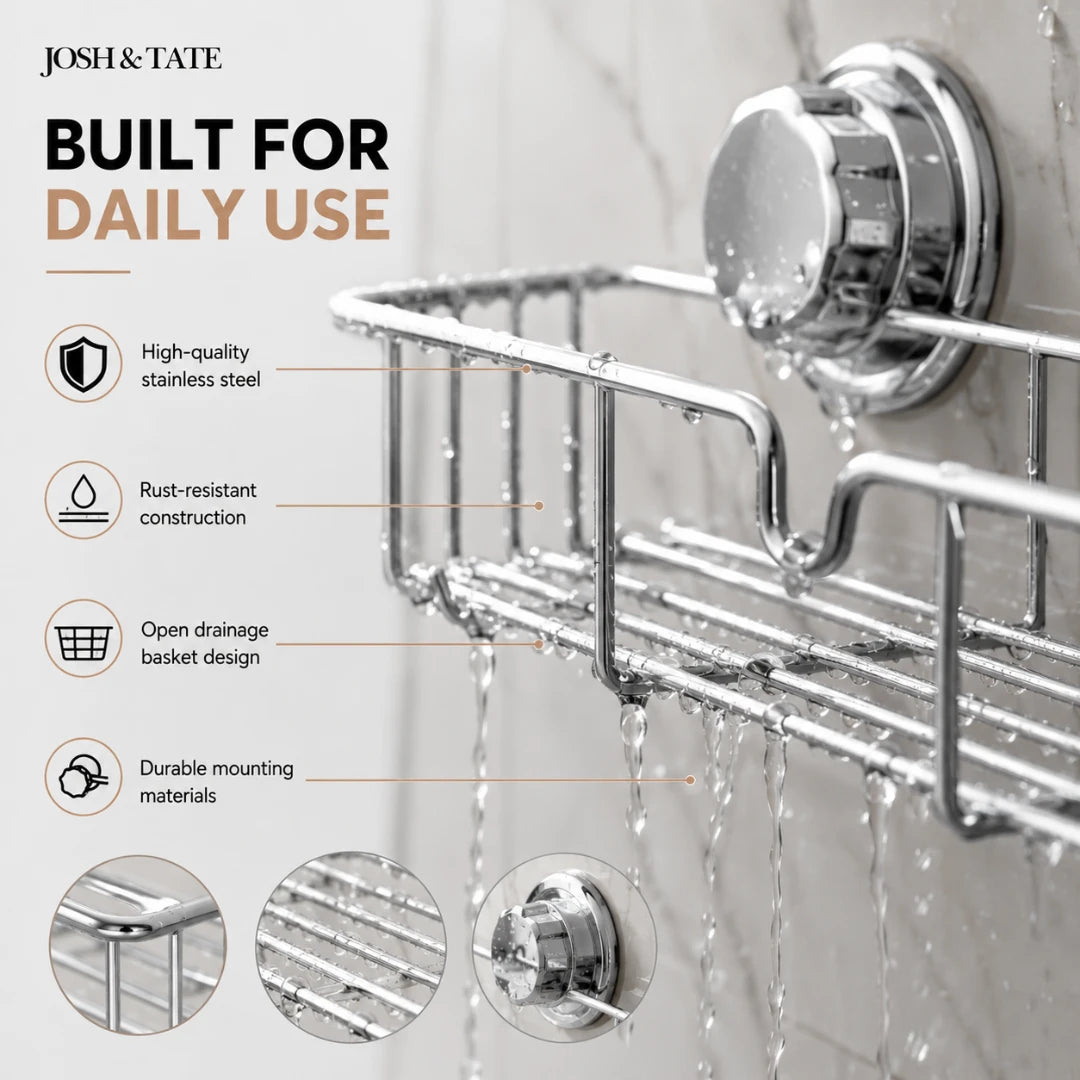 Josh & Tate - LockRack™ Twist-Lock Wire Shower Shelf - Chrome shower caddy with features listed on a gray background