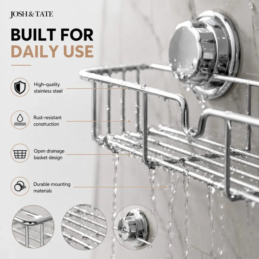 Josh & Tate - LockRack™ Twist-Lock Wire Shower Shelf - Chrome shower caddy with features listed on a gray background