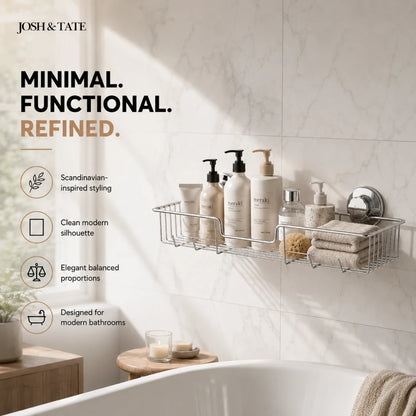 Josh & Tate - LockRack™ Twist-Lock Wire Shower Shelf - Bathroom setting with a metal shelf holding bath products and towels, against a tiled wall.