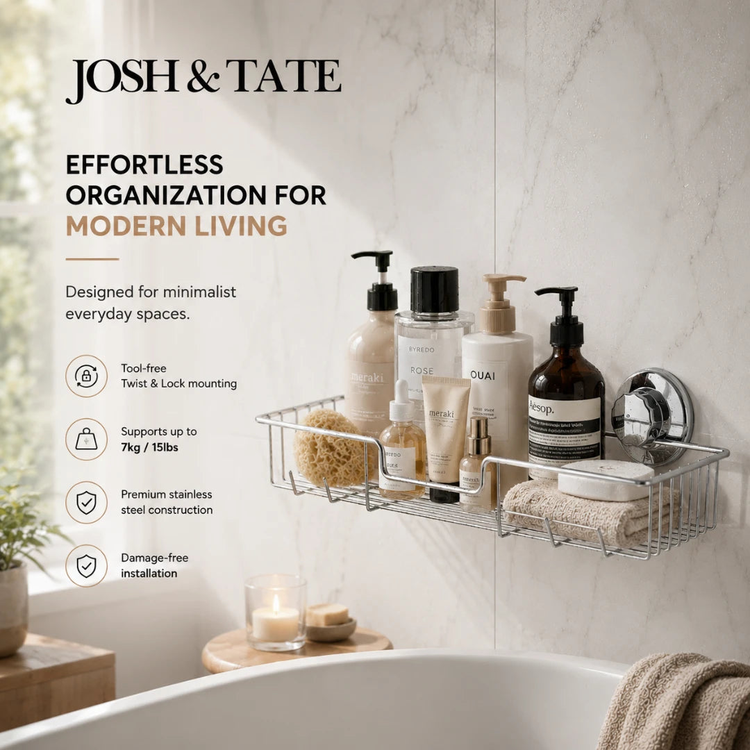Josh & Tate - LockRack™ Twist-Lock Wire Shower Shelf - Bathroom organization shelf with products and Josh & Tate branding