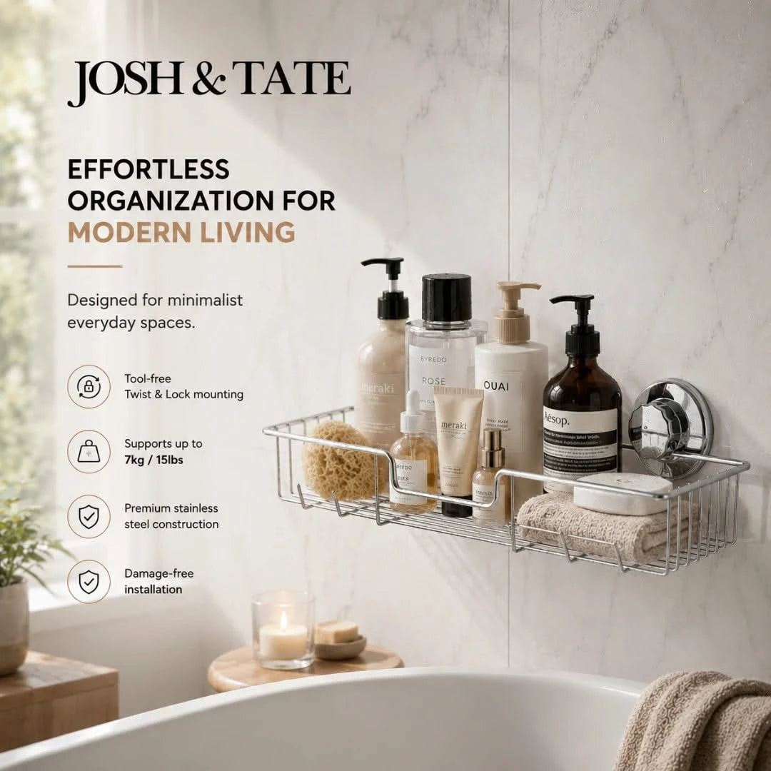 Josh & Tate - LockRack™ Twist-Lock Wire Shower Shelf - Bathroom organization shelf with products and Josh & Tate branding
