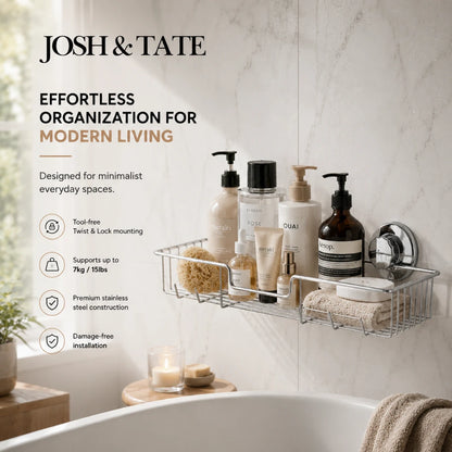 Josh & Tate - LockRack™ Twist-Lock Wire Shower Shelf - Bathroom organization shelf with products and Josh & Tate branding