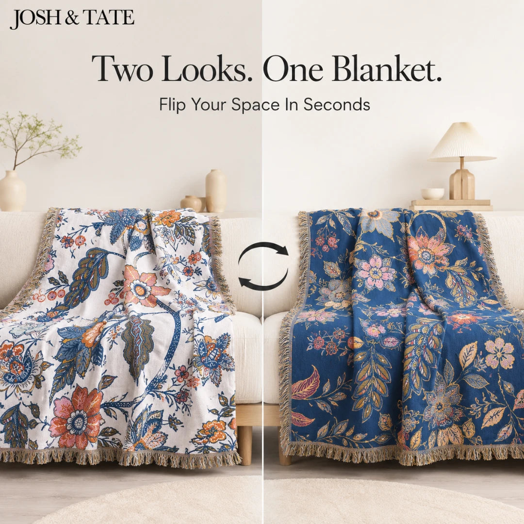 Josh & Tate - LoomiFlora™ Reversible Cotton Blanket - Two floral blankets in different colors on a couch with 'Josh & Tate' branding.