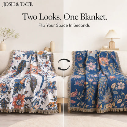 Josh & Tate - LoomiFlora™ Reversible Cotton Blanket - Two floral blankets in different colors on a couch with 'Josh & Tate' branding.