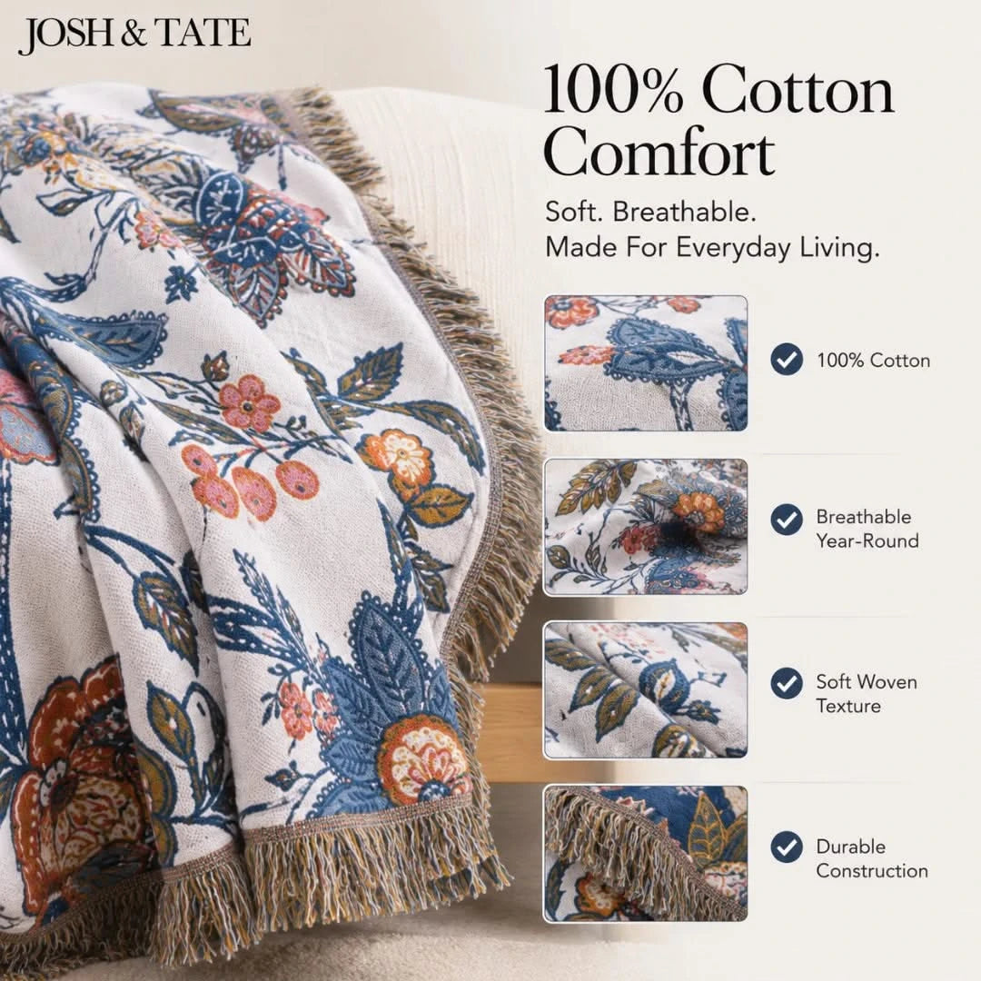 Josh & Tate - LoomiFlora™ Reversible Cotton Blanket - Floral patterned blanket with text highlighting 100% cotton comfort and features.