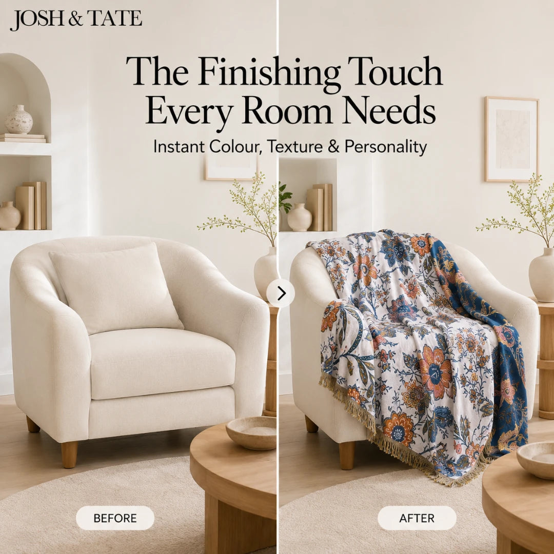 Josh & Tate - LoomiFlora™ Reversible Cotton Blanket - Before and after comparison of a beige armchair with a floral blanket in a living room setting.
