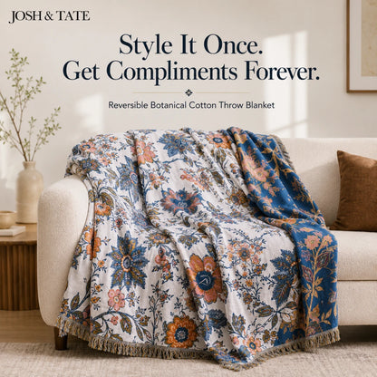 Josh & Tate - LoomiFlora™ Reversible Cotton Blanket - Reversible botanical cotton throw blanket on a sofa with 'Josh & Tate' branding and text.