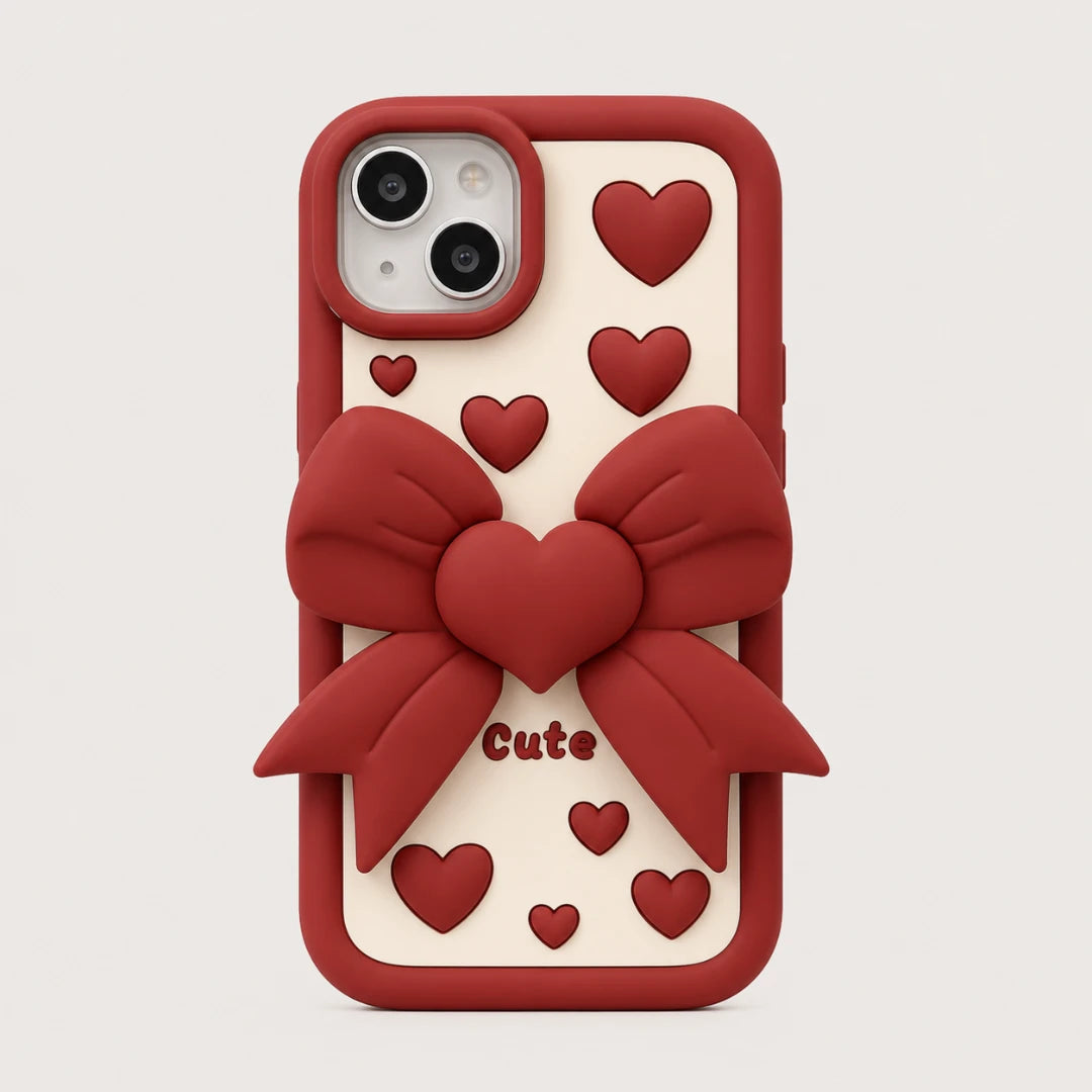 Josh & Tate - LoveBow™ Anti-Drop Phone Case - A red and cream phone case featuring a 3D red bow and heart design, with the word 'Cute' printed on the front, shown against a light gray background.