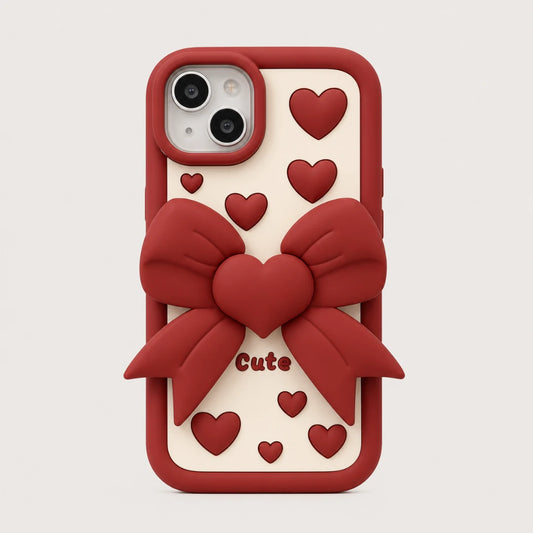 Josh & Tate - LoveBow™ Anti-Drop Phone Case - A red and cream phone case featuring a 3D red bow and heart design, with the word 'Cute' printed on the front, shown against a light gray background.
