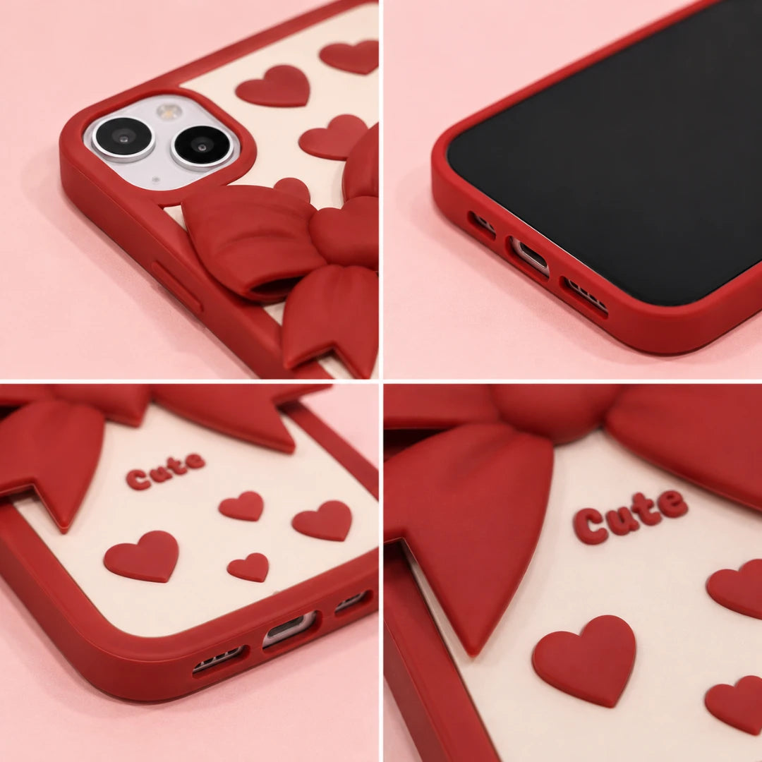 Josh & Tate - LoveBow™ Anti-Drop Phone Case - A red silicone phone case with 3D red bow and heart designs on a cream-colored back panel, shown in a four-panel collage on a pink background.